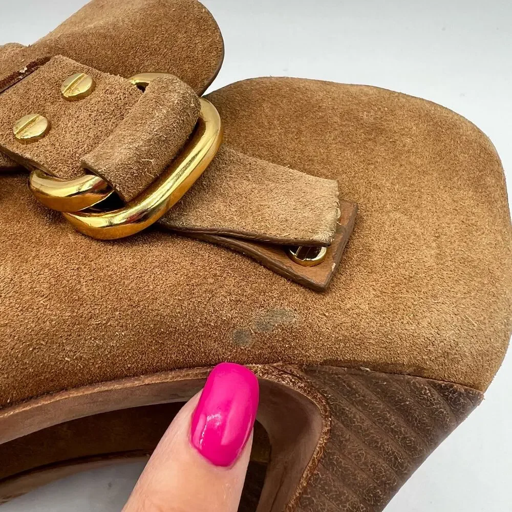 Tory Burch Womens Belen 9.5 Suede Stiletto Ankle Boots Booties Tan Camel Buckles